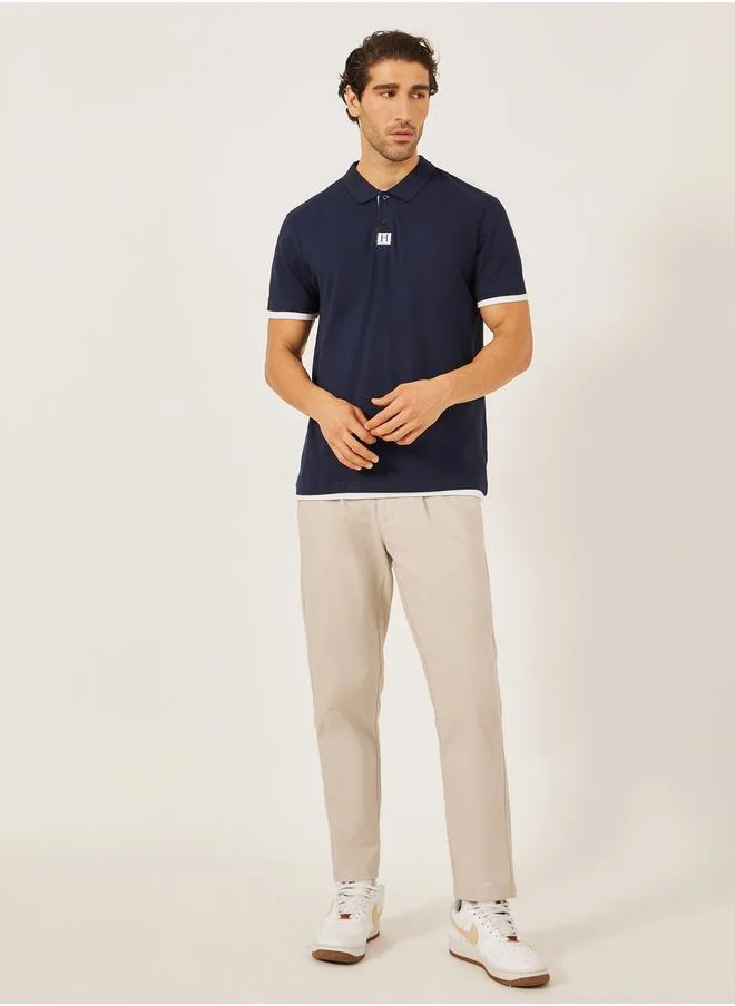 Styli Minimal Print Relaxed Fit Polo T-Shirt with Contrast Placket