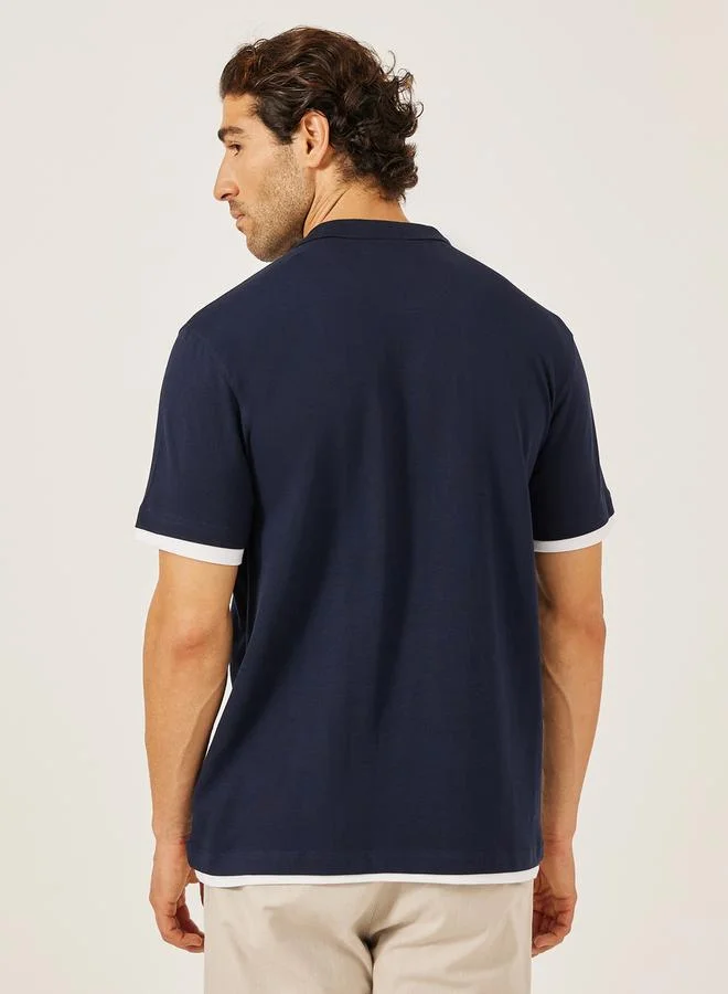 Styli Minimal Print Relaxed Fit Polo T-Shirt with Contrast Placket