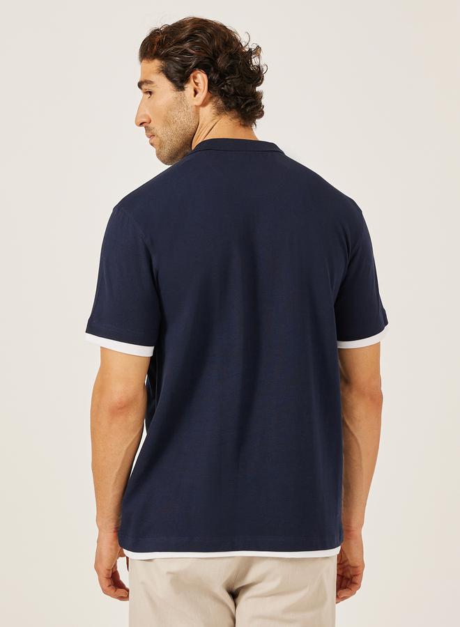 Styli Minimal Print Relaxed Fit Polo T-Shirt with Contrast Placket  - Image 4