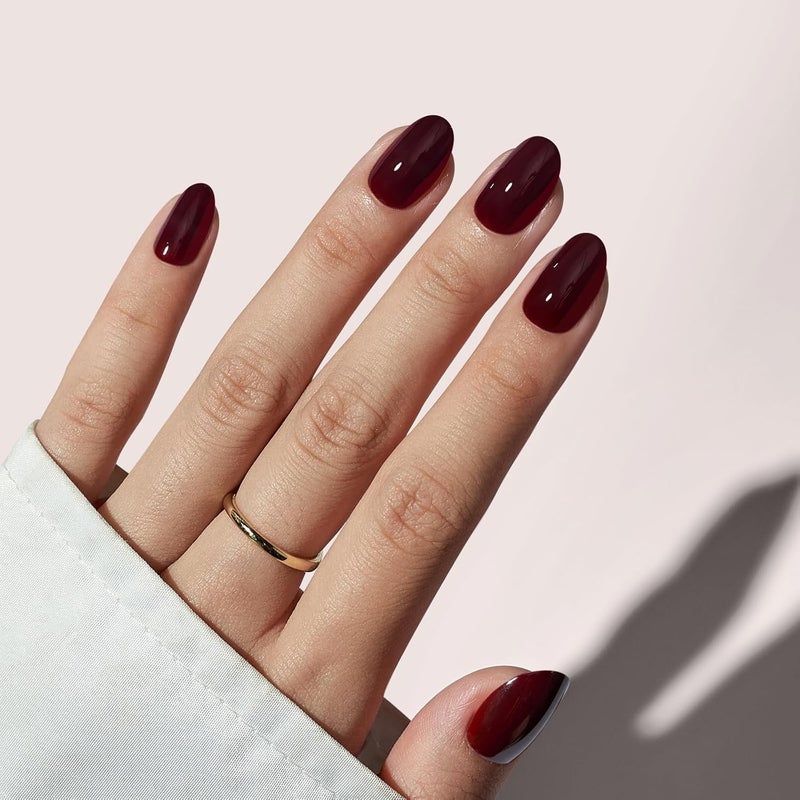 BTArtbox Press On Nails Short - Dark Red Press on Nails, Short Oval Fake Nails with Nail Glue, Fit Perfectly & Natural Reusable Stick on Nails in 16 Sizes Soft Gel Nail Kit, Coffee Bean - Image 1