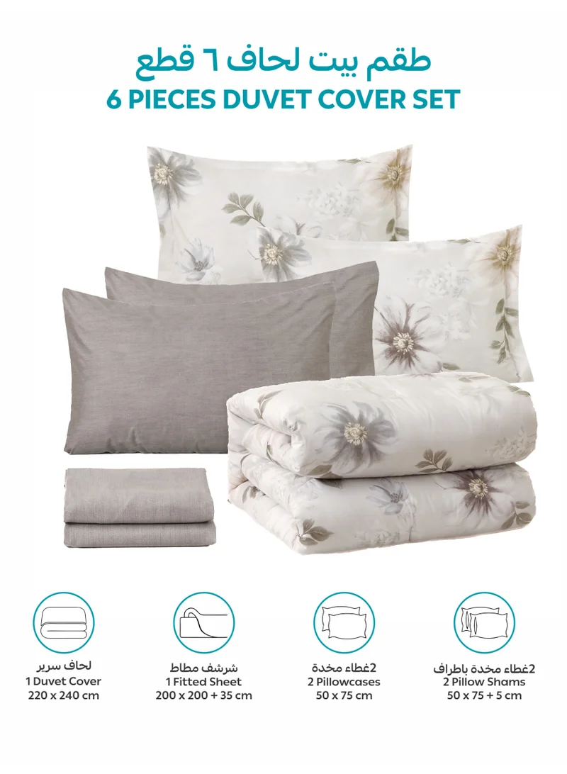 Donetella KING (200x200 cm) Printed Duvet Set, King Size Fits 200x200 cm - 6-Pcs Bed Set, Brushed Microfiber Fabric - 1 Duvet Cover, 1 Fitted Sheet, 2 Pillow Shams, 2 Pillowcases (Filler Not Included)  | Best Price UAE