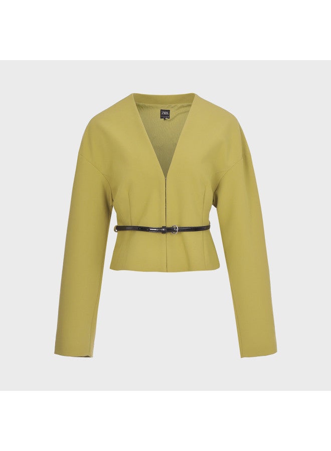 Zara women's Light Business Commute Belted V-neck Button-up Cropped Jacket (with Belt) - Image 2