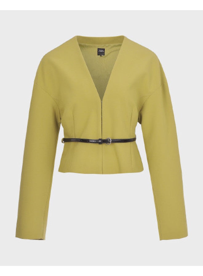 Zara women's Light Business Commute Belted V-neck Button-up Cropped Jacket (with Belt) - Image 1