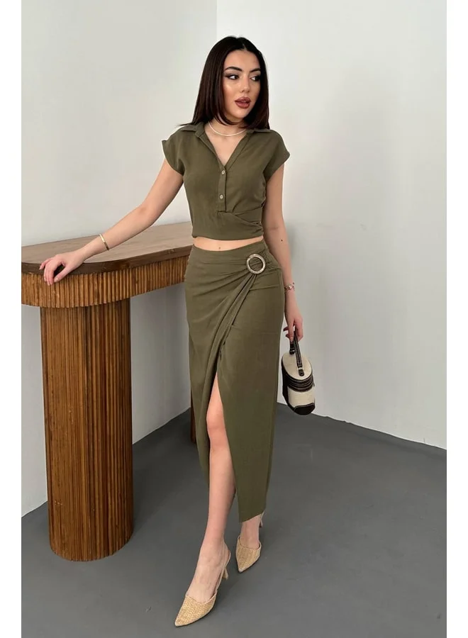 END BLACK Khaki linen shirt and skirt set L.