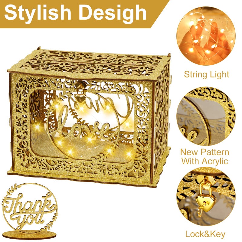 OurWarm Gold Card Box for Wedding, Glitter Wooden Wedding Card Box with Heart Lock and String Light, Gift Card Box Money Box for Wedding Reception Birthday Party Anniversary Graduation Decorations - Image 3