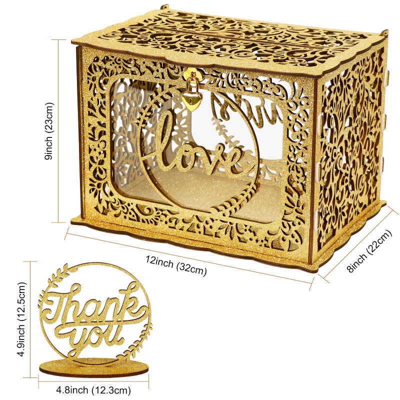 OurWarm Gold Card Box for Wedding, Glitter Wooden Wedding Card Box with Heart Lock and String Light, Gift Card Box Money Box for Wedding Reception Birthday Party Anniversary Graduation Decorations - Image 2