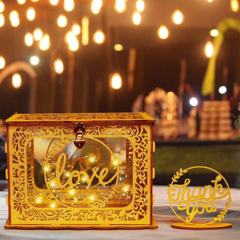 OurWarm Gold Card Box for Wedding, Glitter Wooden Wedding Card Box with Heart Lock and String Light, Gift Card Box Money Box for Wedding Reception Birthday Party Anniversary Graduation Decorations - Image 1