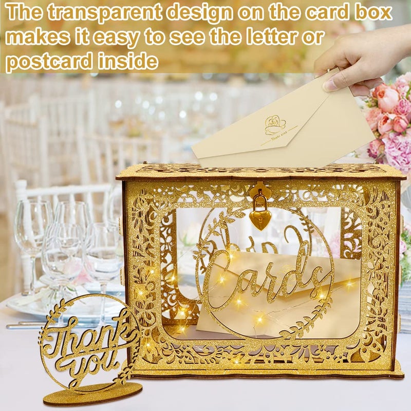 OurWarm Gold Card Box for Wedding, Glitter Wooden Wedding Card Box with Heart Lock and String Light, Gift Card Box Money Box for Wedding Reception Birthday Party Anniversary Graduation Decorations - Image 4