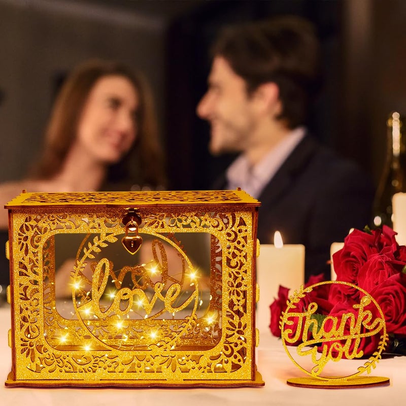 OurWarm Gold Card Box for Wedding, Glitter Wooden Wedding Card Box with Heart Lock and String Light, Gift Card Box Money Box for Wedding Reception Birthday Party Anniversary Graduation Decorations - Image 5