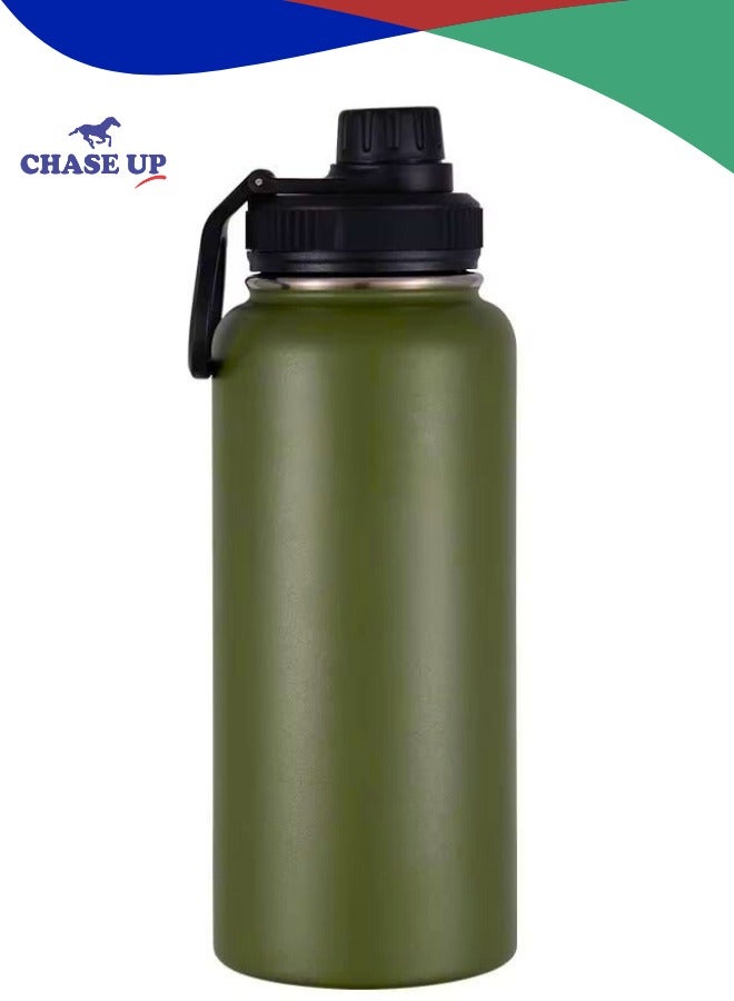 تشيس اب زجاجة ماء 18/8 من الفولاذ المقاوم للصدأ بجدار مزدوج معزول بالتفريغ، زجاجة حرارية مع غطاء بفتحة واسعة للمشروبات الساخنة والباردة للرياضة والسفر والأطفال والمدرسة والصالة الرياضية والمكتب (أخضر عسكري، 1000 مل) - Image 1