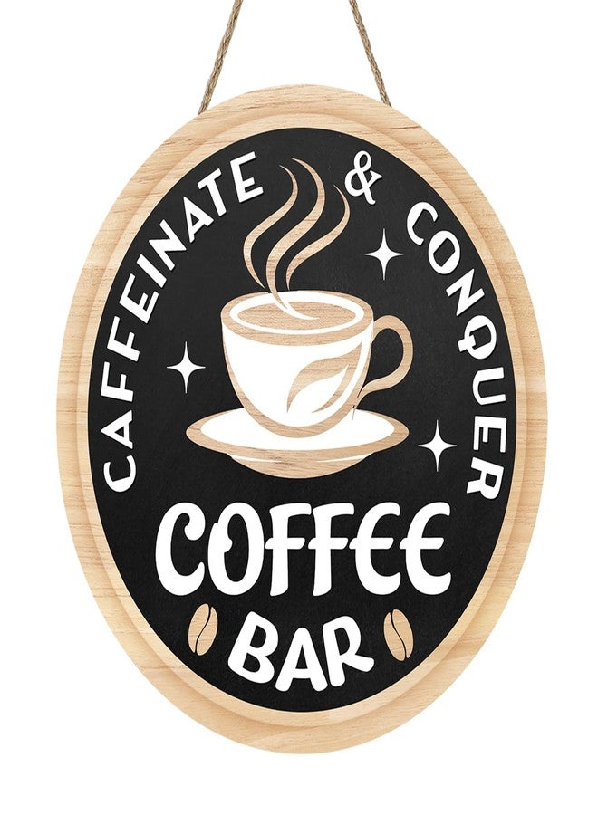 Bolisom Caffeinate and Conquer Coffee Bar Front Door Sign, Farmhouse Chalkboard Wood Hanger Home Kitchen Decor, Rustic Wooden Wreath Indoor Wall Hanging Office Cafe Station Shop Decoration - Image 1