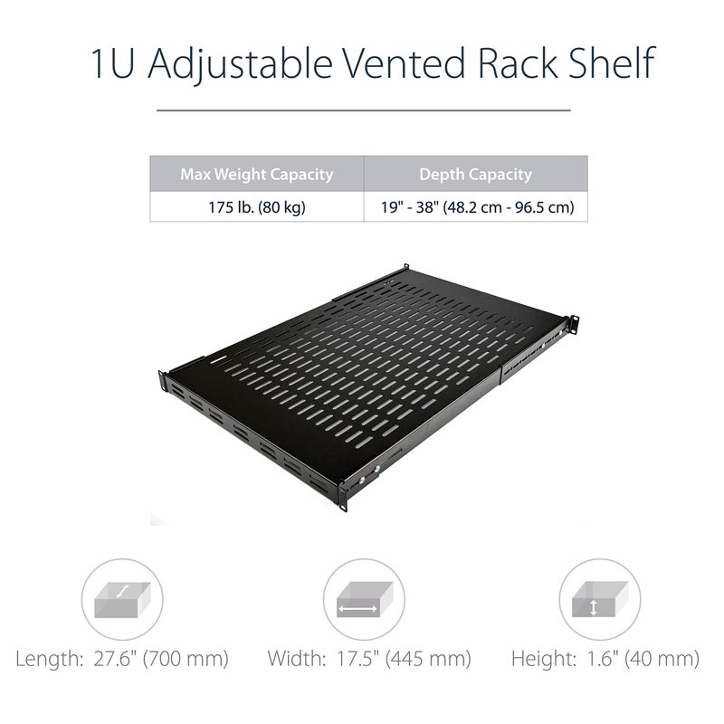 StarTech.com 1U Adjustable Vented Server Rack Mount Shelf - 175lbs - 19.5 to 38in Adjustable Mounting Depth Universal Tray for 19" AV/ Network Equipment Rack - 27.5in Deep , TAA (ADJSHELF) - Image 2