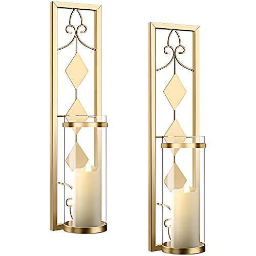 Patelai 2 Set Wall Sconces Candle Holders Metal Wall Decorations AntiqueStyle Metal Sconces with Battery Operated Candles for Living Room Bathroom Dining Room Patio or Office Gold 