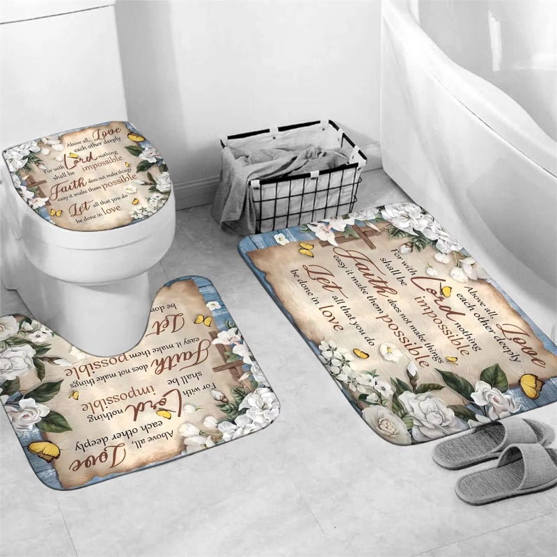AZHM White Camellia Flower Shower Curtain Sets Inspirational Quotes with Yellow Butterfly Bathroom Decor Accessories Set with Rugs and 12 Hooks - Image 3