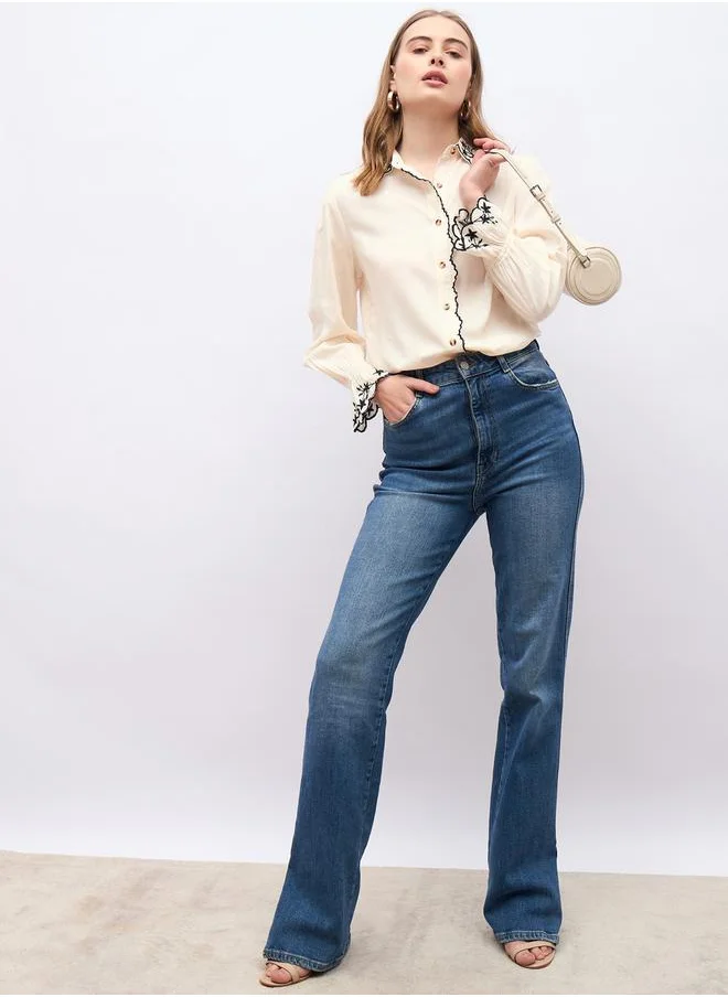 ستايلي Textured Embroidered Trim Spread Collar Shirt