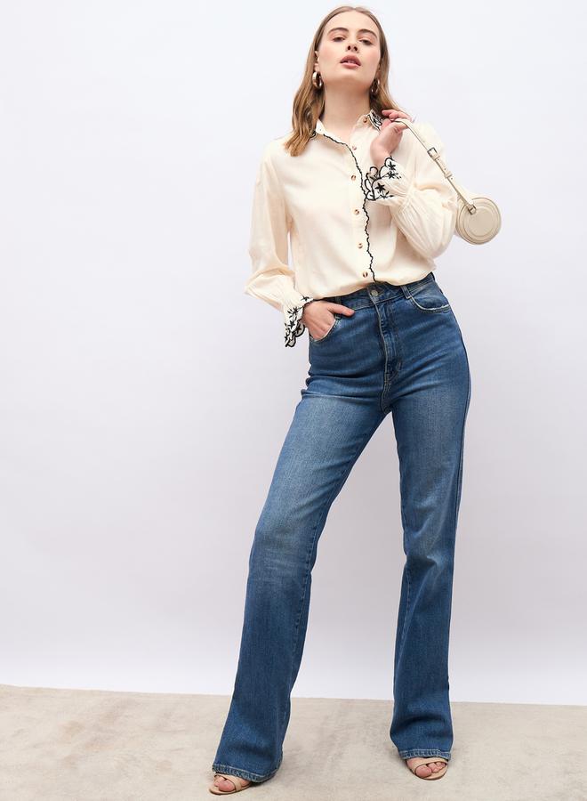 Styli Textured Embroidered Trim Spread Collar Shirt - Image 1