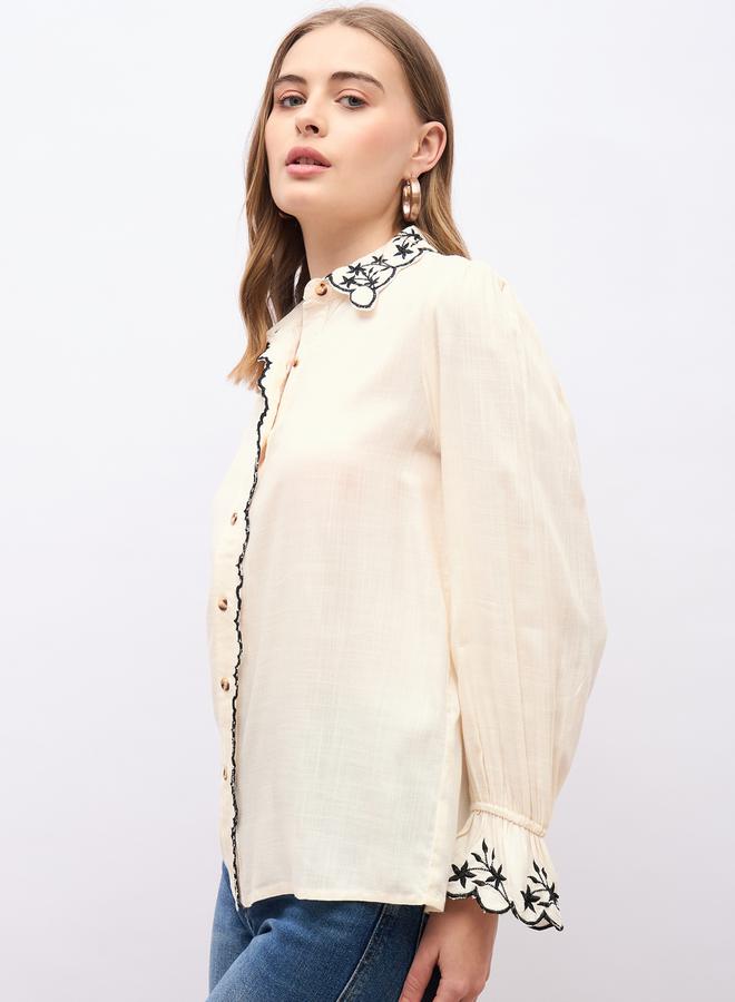 Styli Textured Embroidered Trim Spread Collar Shirt - Image 3