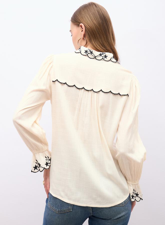 Styli Textured Embroidered Trim Spread Collar Shirt - Image 5