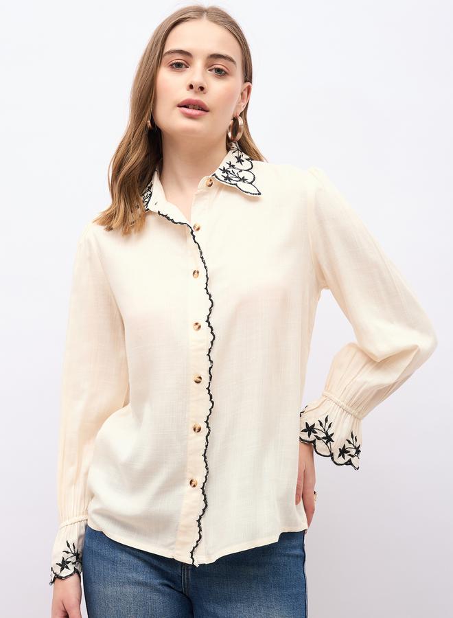 Styli Textured Embroidered Trim Spread Collar Shirt - Image 2