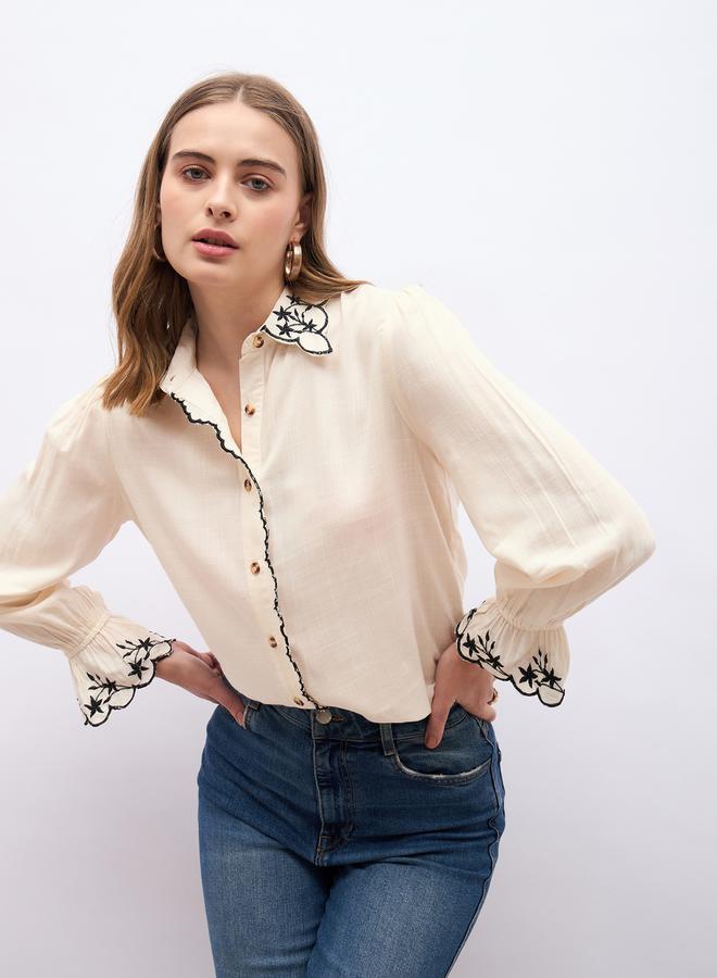 Styli Textured Embroidered Trim Spread Collar Shirt - Image 1