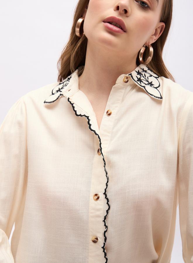 Styli Textured Embroidered Trim Spread Collar Shirt - Image 4
