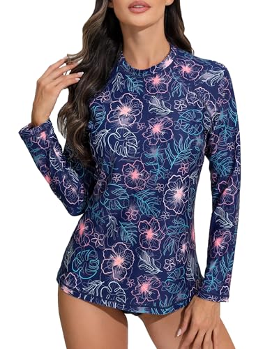 Halcurt Womens Long Sleeve Rash Guard Swim Shirts with Built in Bra UPF50 Sun Protection Swimsuit Top Navy Floral M - Image 1