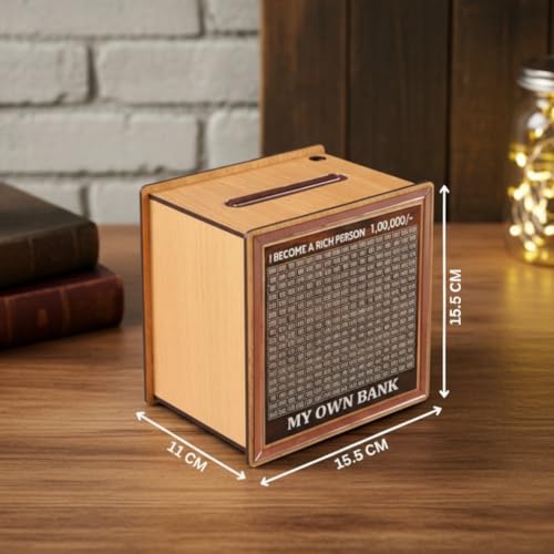 Laser Art Money Saving Box for Kids and Adults | Wooden Money Bank with Lock | Big Size Piggy Bank 2 Lakh Target | 1 Lakh Saving Box with Numbers | Undiyal Hundi Pig (Money Bank) - Image 3