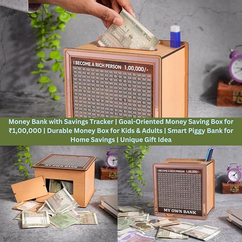 Laser Art Money Saving Box for Kids and Adults | Wooden Money Bank with Lock | Big Size Piggy Bank 2 Lakh Target | 1 Lakh Saving Box with Numbers | Undiyal Hundi Pig (Money Bank) - Image 2