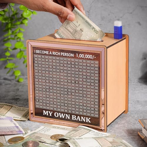 Laser Art Money Saving Box for Kids and Adults | Wooden Money Bank with Lock | Big Size Piggy Bank 2 Lakh Target | 1 Lakh Saving Box with Numbers | Undiyal Hundi Pig (Money Bank) - Image 1