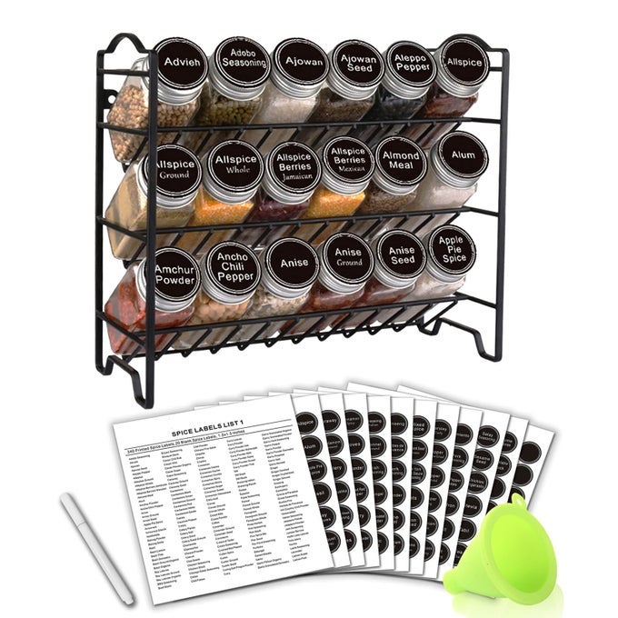 SPICE RACK ORGANIZER WITH 18 EMPTY SQUARE SPICE JARS 396 SPICE LABELS WITH CHALK MARKER AND FUNNEL COMPLETE SET SPICE ORGANIZER FOR COUNTERTOP CABINET OR WALL MOUNT BLACK