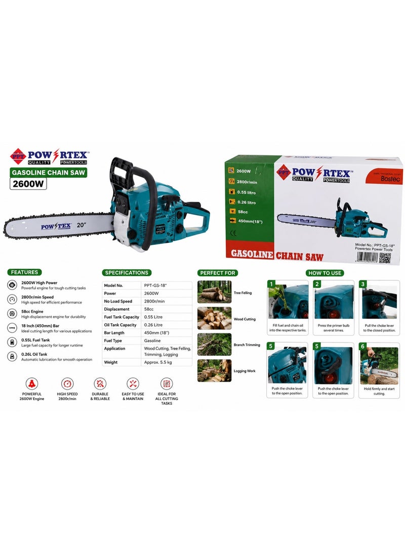 Powertex Gasoline Chain Saw 58cc 2600W 18 Inch Petrol Chainsaw, 2 Stroke Engine Wood Cutting Machine For Tree Cutting, Garden, Farm And Outdoor Use - Image 4