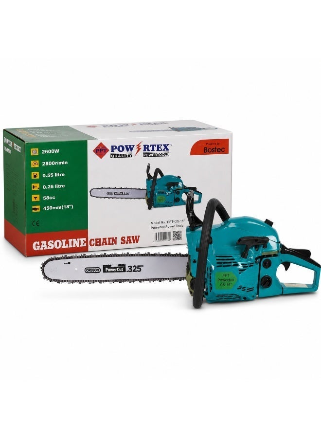 Powertex Gasoline Chain Saw 58cc 2600W 18 Inch Petrol Chainsaw, 2 Stroke Engine Wood Cutting Machine For Tree Cutting, Garden, Farm And Outdoor Use - Image 1