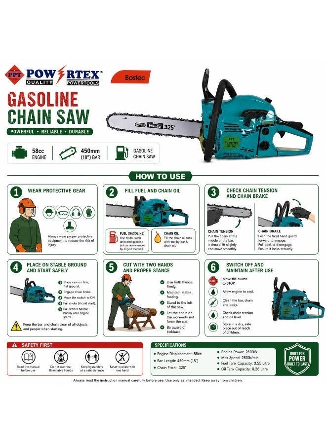 Powertex Gasoline Chain Saw 58cc 2600W 18 Inch Petrol Chainsaw, 2 Stroke Engine Wood Cutting Machine For Tree Cutting, Garden, Farm And Outdoor Use - Image 3