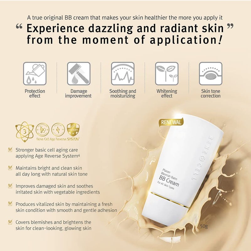Renecell [Rene Cell Placen Blemish Balm BB Cream, Glossy Face Makeup (50g / 1.8oz) - Image 2