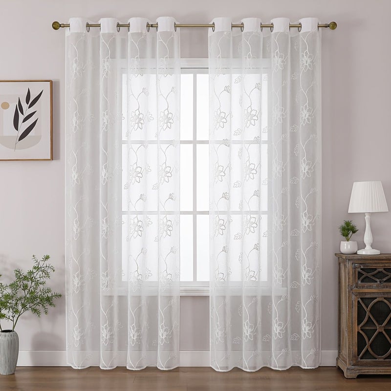 White Tulle Floral Privacy Curtains 140x280cm Easy Install for Living Room - Image 1
