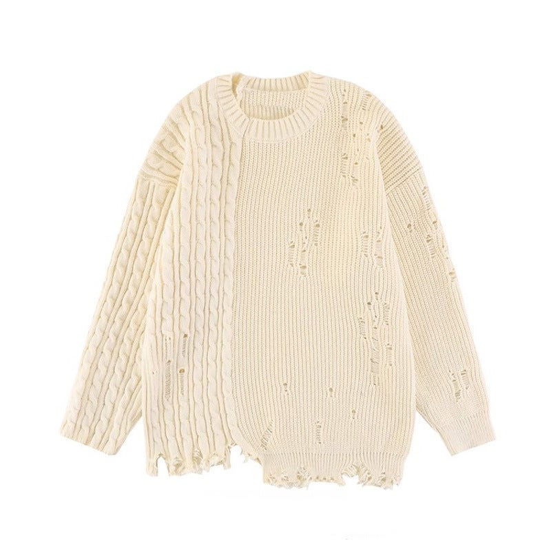 American Street Diablo Solid Color oversize Sweater Mens Winter Fashionable Niche Hems Tattered Sweater White  - Image 1