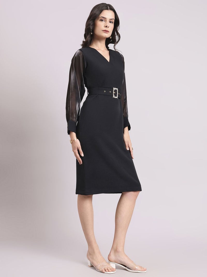 Powersutra Black Midi Dress With Sheer Sleeves For Women - Image 3