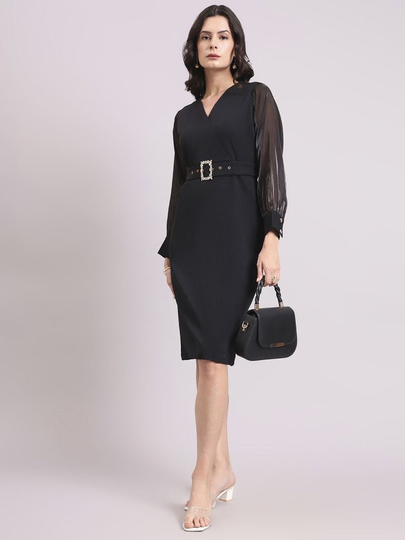 Powersutra Black Midi Dress With Sheer Sleeves For Women - Image 4