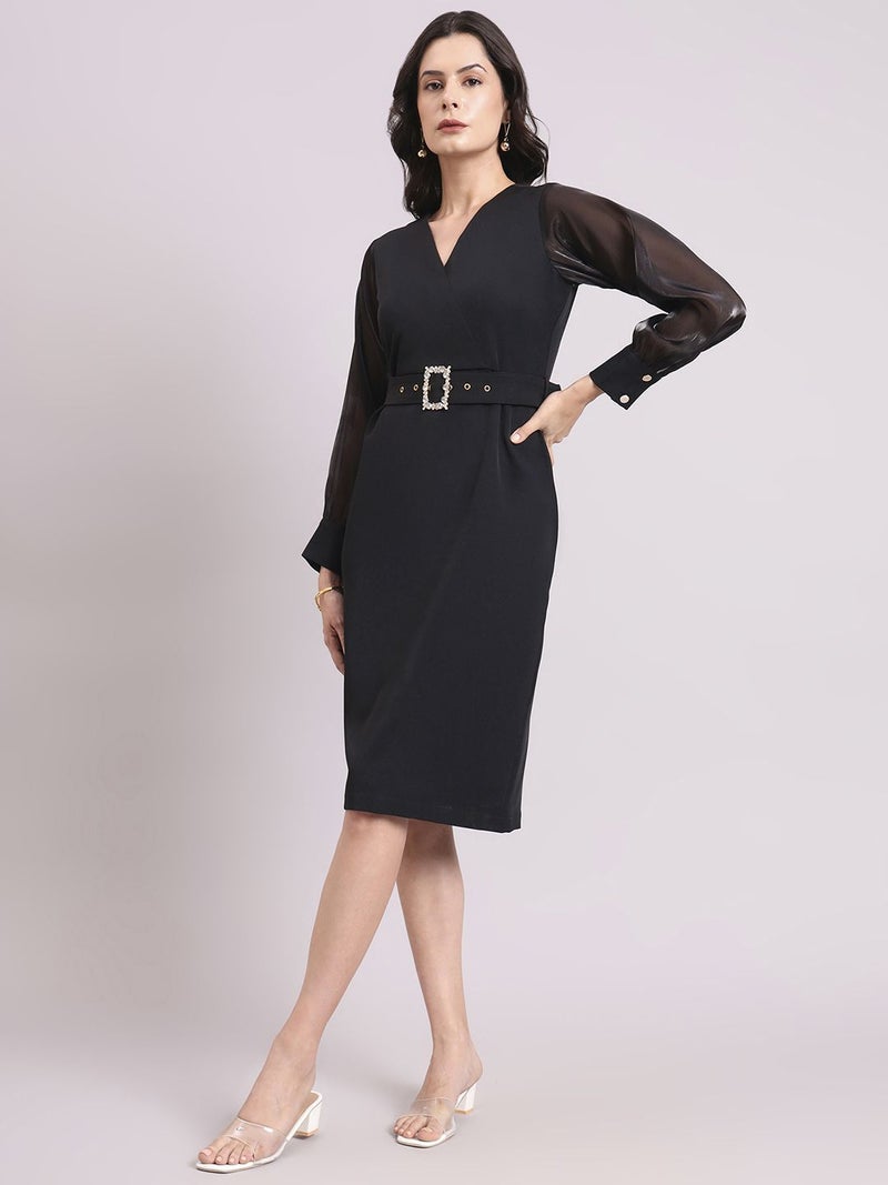 Powersutra Black Midi Dress With Sheer Sleeves For Women - Image 1