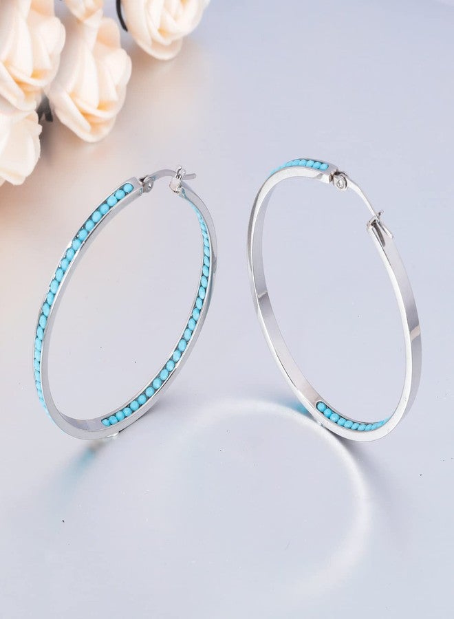 CiNily Mult-colors Crystal Stainless Steel Hoop Earring for Women Hypoallergenic Jewelry for Sensitive Ears Large Big Hoop Earrings 2", 3 mm, Stainless Steel, created turquoise - Image 4