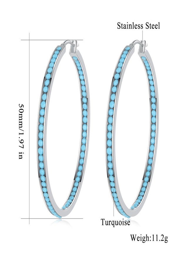 CiNily Mult-colors Crystal Stainless Steel Hoop Earring for Women Hypoallergenic Jewelry for Sensitive Ears Large Big Hoop Earrings 2", 3 mm, Stainless Steel, created turquoise - Image 3