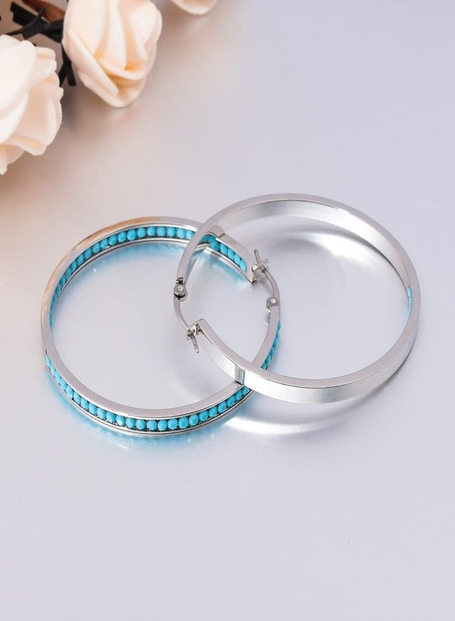 CiNily Mult-colors Crystal Stainless Steel Hoop Earring for Women Hypoallergenic Jewelry for Sensitive Ears Large Big Hoop Earrings 2", 3 mm, Stainless Steel, created turquoise - Image 5