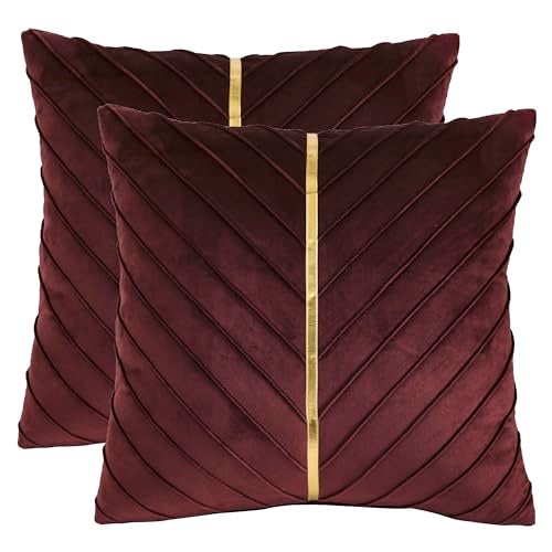 Tosleo Burgundy Velvet Throw Pillow Covers 18 x18 inch Pack of 2 with Gold Leather Decorative Couch Pillow Cover Luxury Modern Pillowcases for Living Room Bedroom Sofa Cushion Bed - Image 1