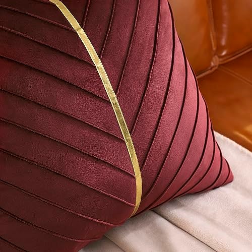 Tosleo Burgundy Velvet Throw Pillow Covers 18 x18 inch Pack of 2 with Gold Leather Decorative Couch Pillow Cover Luxury Modern Pillowcases for Living Room Bedroom Sofa Cushion Bed - Image 3