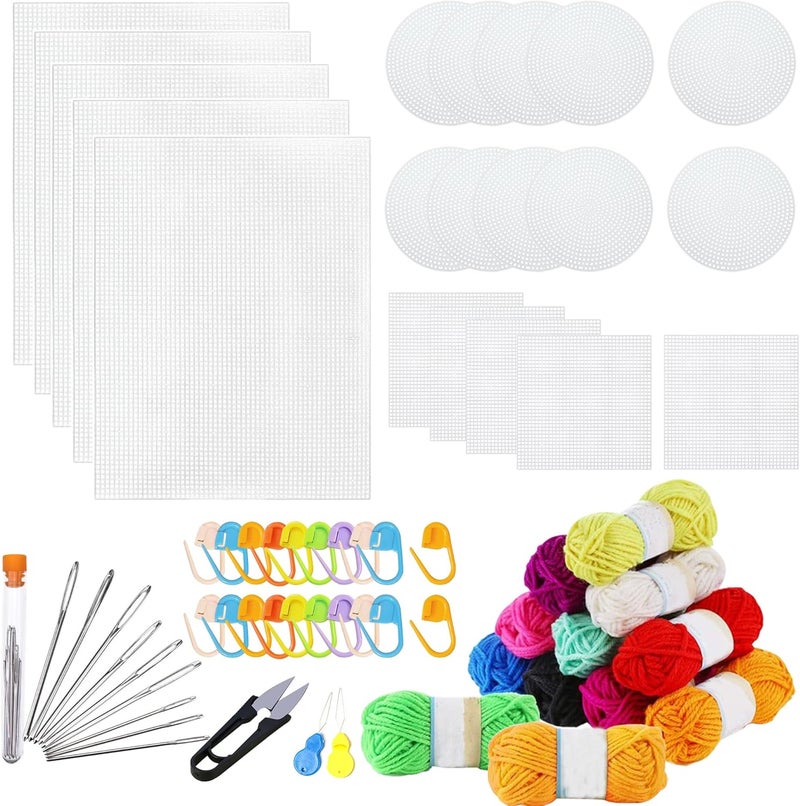 Allazone 45 PCS Mesh Plastic Canvas Sheets Kit, 3 Shape Clear Plastic Canvas, 12 Color Acrylic Yarn for DIY Crafts Embroidery Cross Stitch, Acrylic Yarn Crafting, Knit and Crochet Projects - Image 1