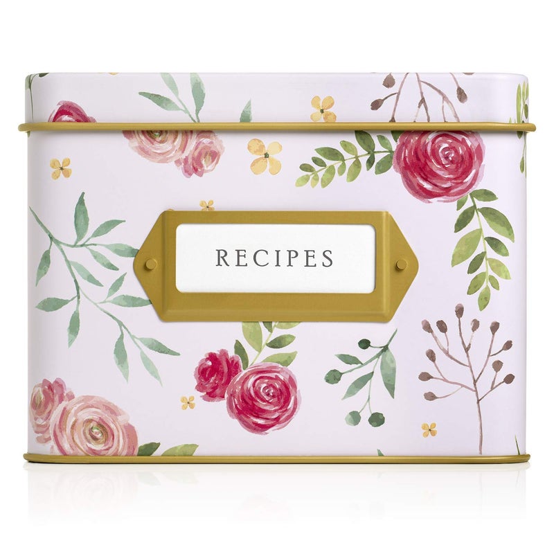 Jot Mark Decorative Recipe Tin Box for Recipe Cards Greeting Card Holder Holds Hundreds of 4 x 6 Cards