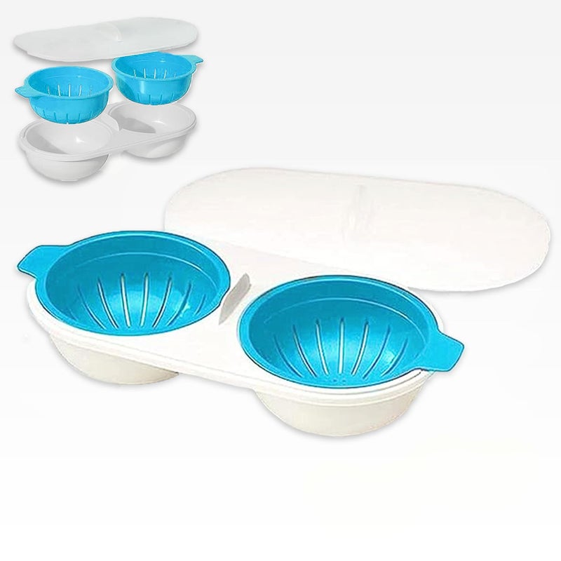 Jufay Egg Boiler for Microwave Perfect Double Egg Poacher Egg Boiler Cups Draining egg boiler Microwave eggs poacher Double Egg Cups for Boiled Eggs Egg Boiler Set Blue 