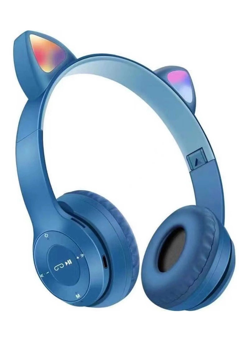 P47 Kids Wireless Headphones, Megadream Bluetooth Over Ear Headphones with Microphone, Cat Ear LED Light Child Headset TF Card/Wired Foldable Earphones for Girls Boys (Dark Blue)  - Image 1