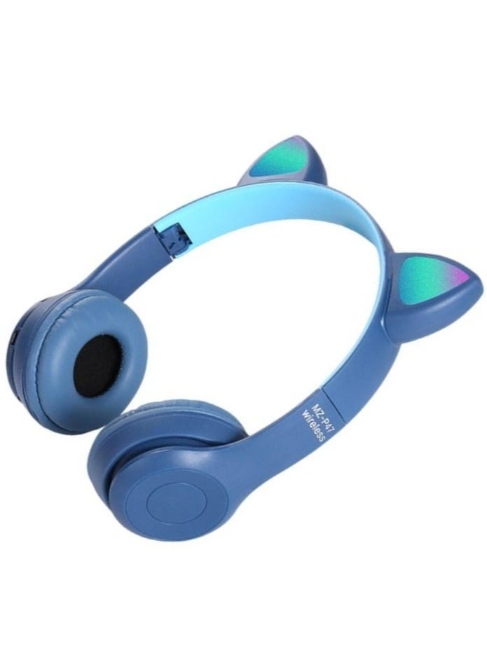 P47 Kids Wireless Headphones, Megadream Bluetooth Over Ear Headphones with Microphone, Cat Ear LED Light Child Headset TF Card/Wired Foldable Earphones for Girls Boys (Dark Blue)  - Image 4