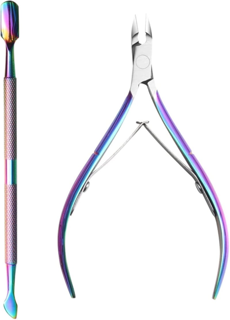 Cuticle Trimmer with Cuticle Pusher, 2 Pcs Cuticle Cutter Cuticle Nipper Professional Stainless Steel Cuticle Clippers Durable Pedicure Manicure Tools for Fingernails and Toenails(color)
